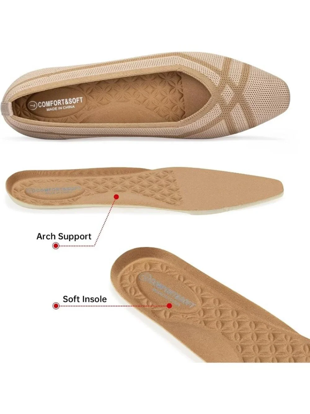 Frank Mully Women's Beige Rubber Knitted Square Toe Comfortable Slip On Flats